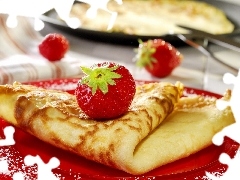 strawberries, plate, pancakes