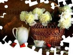 wicker, Peonies, strawberries, basket