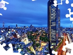 skyscrapers, town, moon, buildings, View, Streets, Sky