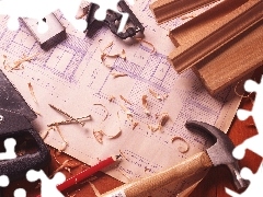 strips, shavings, saw, pencil, hammer