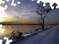 sun, Bike, lake, west, Way