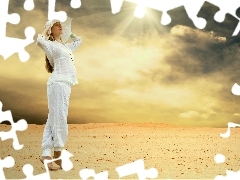 Desert, Women, sun, clouds, rays, Hat