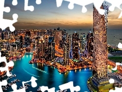 Boats, skyscraper, Dubaj, United Arab Emirates, Great Sunsets, Cayan Tower