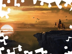 Red Dead Redemption, game, rocks, cowboy, sun, graphics, birds, Fog, Horse