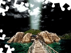 ligh, sun, clouds, flash, dark, bridges, rocks, luminosity