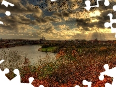 ligh, sun, autumn, flash, lake, Przebijaj?ce, clouds, luminosity