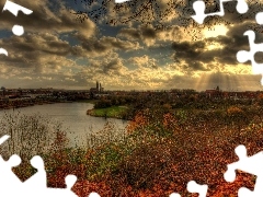 ligh, sun, autumn, flash, lake, Przebijające, clouds, luminosity