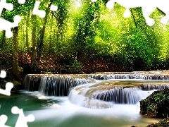 ligh, forest, flash, Przebijające, waterfall, sun, luminosity