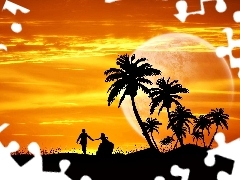 Sky, graphics, sun, Palms, west, lovers