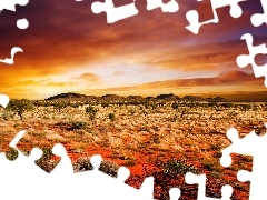 sun, prairie, Mountains, west, clouds