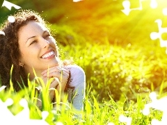 sun, relaxation, Meadow, rays, Women