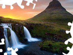 sun, iceland, waterfall, west, rocks