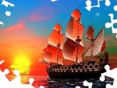 sea, west, sun, sailing vessel