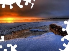 sun, snow, clouds, west, lake