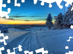 viewes, Home, sun, snow, west, trees