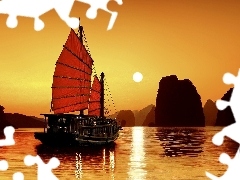 sun, sailing vessel, rocks, west, sea