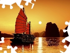 sun, sailing vessel, rocks, west, sea
