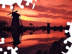 Windmills, west, sun, River