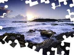 sunbeam, Rocks, Sky, clouds, sea