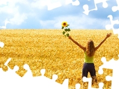 Field, girl, Sunflower, corn