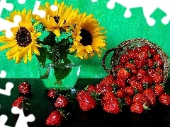 basket, bouquet, sunflowers, strawberries