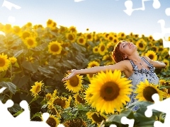 happy, Field, sunflowers, girl