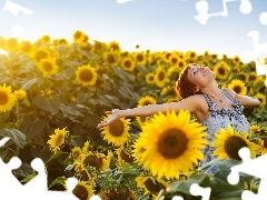 happy, Field, sunflowers, girl