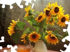 White, bouquet, sunflowers, bowl