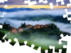 Sunrise, buildings, Italy, Fog, Tuscany