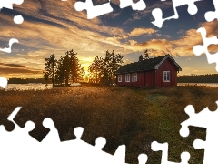 Vaeleren Lake, Home, Ringerike Municipality, Norway, Sunrise, clouds, trees, viewes, grass