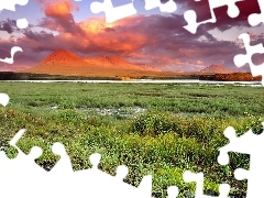 swampy, Meadow, clouds, Mountains, Red