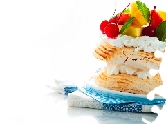 dessert, Fruits, tablecloth, cream