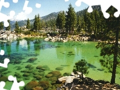 Mountains, lake, Tahoe, California, forest, Stones