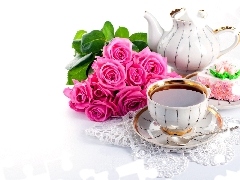tea, china, rouge, cake, bouquet