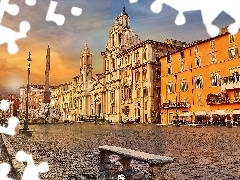 temple, Houses, Bench, obelisk, Lamps, Navona Square, Italy, Agonalis