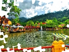 Mountains, Restaurant, terrace, lake