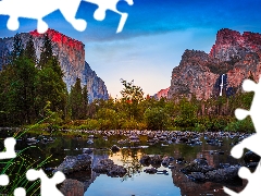 Stones, Sky, viewes, California, grass, Mountains, trees, The United States, Yosemite National Park, Merced River