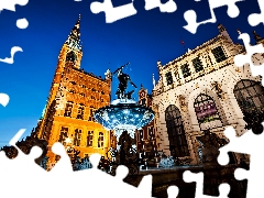 The Long Market, fountain, Gdansk, night, fragment, Neptune