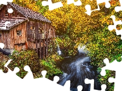 forest, autumn, trees, viewes, Washington State, The United States, River, Cedar Creek Mill Grist Mill, waterfall