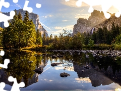 Yosemite National Park, Mountains, viewes, River, trees, State of California, The United States, Stones