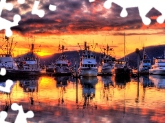 The setting, sun, port, Marina, vessels