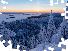 Lieksa, Finland, winter, Lake Pielinen, The Hills, Great Sunsets, Spruces, National Park of Koli, North Karelia, Snowy, forest