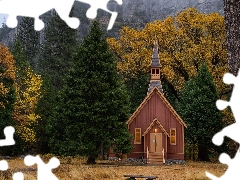 trees, winter, viewes, church, State of California, The United States, forest, Yosemite National Park, chapel