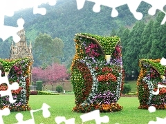 Three, Owls, decoration, Flower, Garden