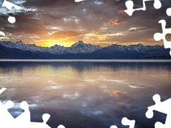 tile, lakes, sun, Mountains, west