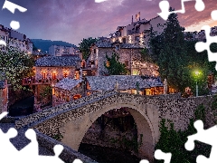 Mostar, Bosnia and Herzegovina, bridge, evening, Houses, Town