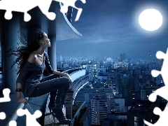 moon, panorama, town, girl