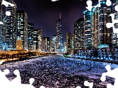 Night, River, Chicago, Town, The United States