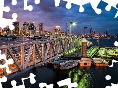 Town, Night, pier, boats, Harbour