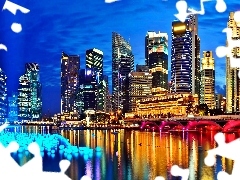 bridge, skyscrapers, Town, night, Singapur, clouds